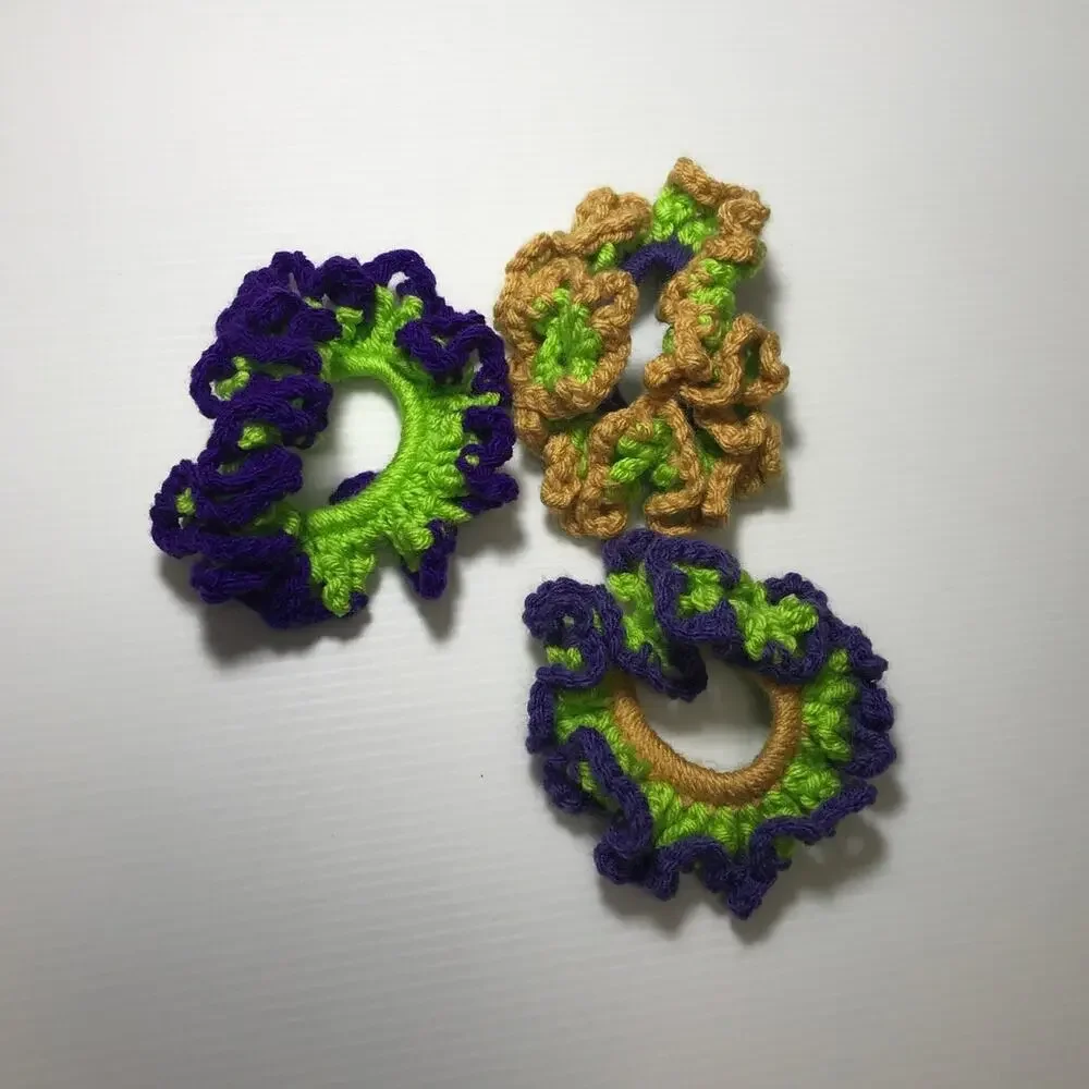 NWT Purple Green Gold Handmade Crocheted Hair Scrunchie Set of 3